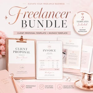 Puede incluir: Un paquete para trabajadores independientes que incluye una plantilla de propuesta para clientes y una plantilla de factura. Los documentos presentan detalles en oro rosa, tipografía serif y un diseño limpio. Texto: "Freelancer Bundle", "Client Proposal", "Invoice".