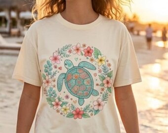 Boho Floral Sea Turtle PNG, Brushstroke Summer Design SVG (Digital Download)