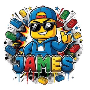 May include: A cartoon character with a yellow head, wearing a blue hoodie and a blue baseball cap, is shown wearing black sunglasses and giving a thumbs up. The name JAMES is written in large, colourful, block-style letters below the character.