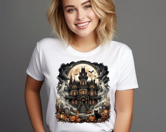 Mansión encantada PNG, fantasma espeluznante SVG, gato negro, diseño de camiseta de Halloween con calabaza (descarga digital)