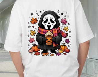 Imagen PNG de Ghostface para café de otoño, diseño de camiseta de Halloween Latte, sublimación para la temporada espeluznante de otoño
