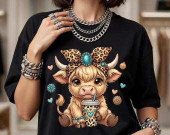 Highland Cow PNG, Leopard Bow, Coffee Sublimation File  SVG (Digital Download)