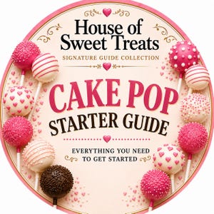 May include: A circular guide titled House of Sweet Treats Signature Guide Collection Cake Pop Starter Guide Everything You Need To Get Started, featuring various cake pops with pink, white, and brown decorations arranged around the text.