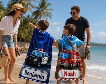 Personalized Kids Beach Towel, Custom Name Construction Truck Towel, Boys Birthday Gift, Vehicle Beach Towel, Summer Pool Gift
