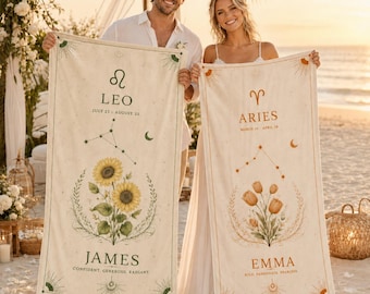 Gepersonaliseerde strandhanddoek met sterrenbeeld, handdoek met eigen naam en astrologisch thema, huwelijksgeschenk voor een stel, cadeau voor bruidsmeisjes, cadeau voor sterrenbeeldliefhebbers, cadeau voor een meidenreis