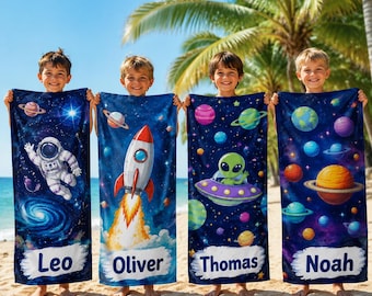 Personalized Space Kids Beach Towel, Custom Name Astronaut Boys Towel, Quick Dry Sand Free Microfiber Pool Towel, Kids Summer Birthday Gift