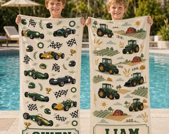 Personalized Kids Beach Towel, Custom Name Construction Truck Towel, Boys Pool Towel, Vehicle Beach Towel, Birthday Gift for Boys