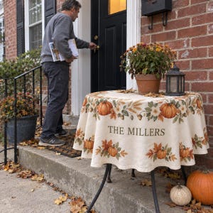 May include: A round table covered with a cream-colored tablecloth featuring a printed pattern of orange pumpkins, autumn leaves, and acorns. The text THE MILLERS is printed in the center. A potted plant and a lantern sit on the table.