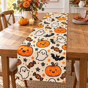 Könnte beinhalten: Ein cremefarbener Tischläufer mit einem wiederkehrenden Halloween-Muster aus lächelnden orangefarbenen Kürbissen, weißen Gespenstern, schwarzen Fledermäusen, orange-schwarz gestreiften Bonbons sowie kleinen orangefarbenen und schwarzen Sternen.