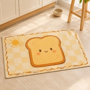 May include: A rectangular floor mat featuring a light yellow and white checkered pattern with a scalloped brown border. In the center, a large, smiling piece of toast with a brown crust and pink cheeks is depicted alongside a small yellow sun.