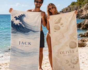 Personalized Couple Beach Towel, Custom Name Design, Anniversary Present, Honeymoon Trip, Romantic Getaway, Wedding Gift