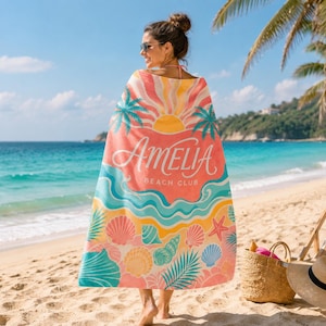 Personalized Tropical Sand-Free Microfiber Pool Towel, Custom Name Towel for Family Vacations & Girlfriend Trips