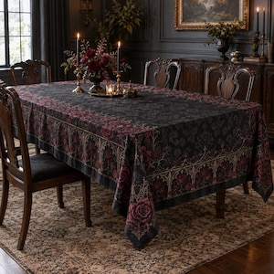 Gothic Rose Tablecloth, Dark Floral Rectangle Tablecloth, Victorian Dining Table Cover, Halloween Table Decor, Witchy Home Decor