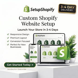 Pode incluir: Um anúncio de serviço digital para SetupShopify com um laptop e um smartphone exibindo layouts de sites com ícones de sacolas verdes. O texto inclui Custom Shopify Website Setup, Launch Your Store in 3-4 Days e Get Started Today.