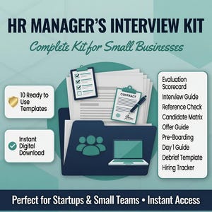 Könnte beinhalten: HR-Manager-Interview-Kit mit einer dunkelblauen Mappe, die Dokumente, ein Klemmbrett mit Checkliste und einen Vertrag mit Stift enthält. Enthält Text: 10 gebrauchsfertige Vorlagen, sofortiger digitaler Download und eine Liste von Bewertungstools.