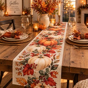 May include: A rectangular table runner featuring a printed pattern of orange and white pumpkins, red and orange autumn leaves, and small berries. The runner is centred on a wooden dining table set with white plates, orange napkins, and glasses.