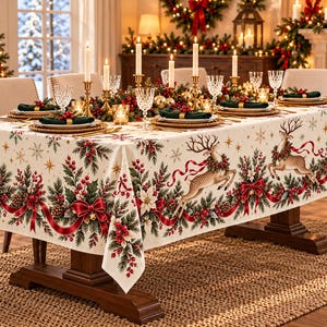May include: A rectangular cream-coloured tablecloth featuring a festive Christmas print of leaping deer, red ribbons, green pine branches, holly berries, and gold snowflakes. The fabric drapes over a wooden dining table set with plates and candles.