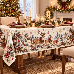 Christmas Deer Tablecloth, Vintage Winter Wonderland Holiday Table Decor, Reindeer Snowflake Dining Table Cover, Christmas Hostess Gift