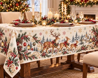 May include: A cream-colored tablecloth featuring a festive print of reindeer, pine branches, red berries, and snowflakes. The design includes hanging lanterns and a winter landscape with a house, covering a wooden dining table set for a holiday meal.