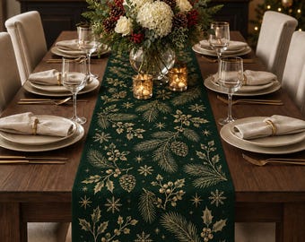 Chemin de table de Noël vert et or, décoration de table élégante pour les fêtes, chemin de table botanique hivernal à motifs de pommes de pin, centre de table pour le dîner de Noël