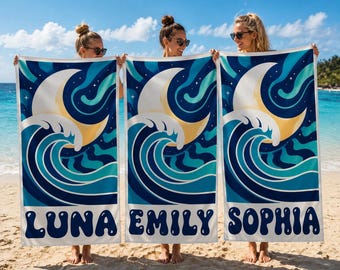 Personalized Ocean Beach Towel Custom Name Towel Moon Wave Design Beach Towel Vacation Gift Pool Towel Summer Gift for Her