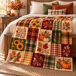 May include: A patchwork throw blanket featuring a repeating pattern of sunflowers, pumpkins, acorns, autumn leaves, and berries in shades of orange, red, green, and yellow, interspersed with various plaid and gingham fabric squares.