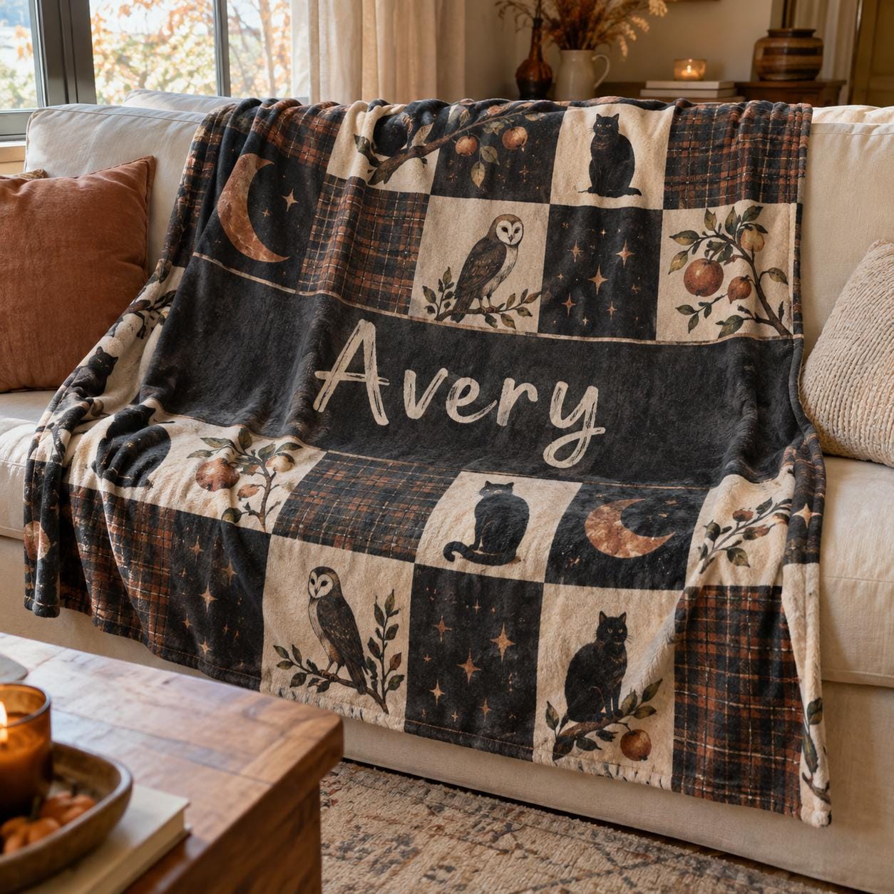 Personalized Halloween Cat Blanket, Custom Name Fall Throw Blanket, Black Cat Owl Moon Blanket Gift