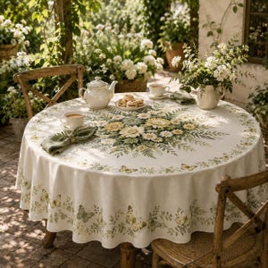 Könnte beinhalten: Eine runde Tischdecke mit einem zentralen Blumenmuster aus gelben und weißen Gänseblümchen mit grünem Blattwerk, umgeben von einer Bordüre aus Schmetterlingen und Ranken. Der Stoff ist cremeweiß und das Design umfasst passende Servietten.