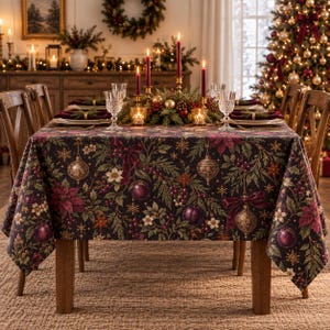 May include: A rectangular tablecloth featuring a dark background with a repeating pattern of poinsettias, pine branches, gold ornaments, and deep red bows. The fabric drapes over a wooden dining table set with plates, glasses, and candles.