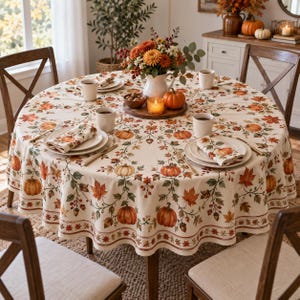 May include: A round tablecloth featuring a cream background with a repeating pattern of orange pumpkins, brown acorns, red berries, and multicolored autumn leaves. The set includes matching napkins, white ceramic mugs, and a central floral arrangement.