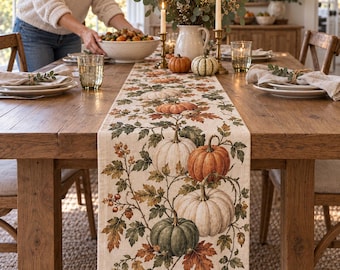 Fall Table Runner, Pumpkin Floral Turkey Orchard Thanksgiving Decor, Vintage Farmhouse Dining, Hostess Gift,Housewarming Gift