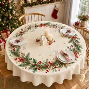 May include: A round cream-colored tablecloth featuring a printed Christmas wreath design with green pine branches, red berries, candy canes, and ornaments. The table is set with white plates, folded napkins, clear glasses, two pillar candles, and a house ornament.
