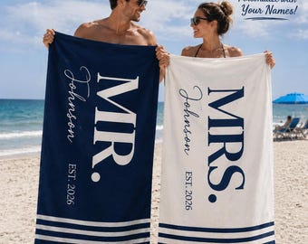 Personalized Couple Beach Towels Set, Mr and Mrs Beach Towels, Custom Wedding Gift, His and Hers Towels, Honeymoon Gift, Anniversary Gift