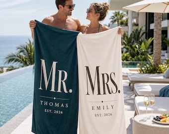 Juego de toallas de playa personalizadas para parejas, toallas de playa para el Sr. y la Sra., regalo de boda personalizado para parejas, toallas de luna de miel para él y para ella, regalo para recién casados