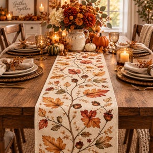 May include: A rectangular table runner featuring a printed pattern of autumn leaves, acorns, and berries on a light beige fabric. The runner is centered on a wooden dining table set with plates, napkins, glassware, and a floral centerpiece.