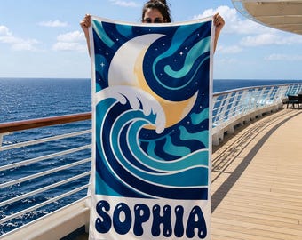 Personalized Ocean Beach Towel Custom Name Towel Moon Wave Design Beach Towel Vacation Gift Pool Towel Summer Gift for Her
