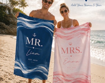 Personalisierte Strandtücher für Paare, individuelles Handtuchset, Hochzeitsgeschenk für Frischvermählte, Strandtuch für die Flitterwochen, Geschenk für Braut und Bräutigam