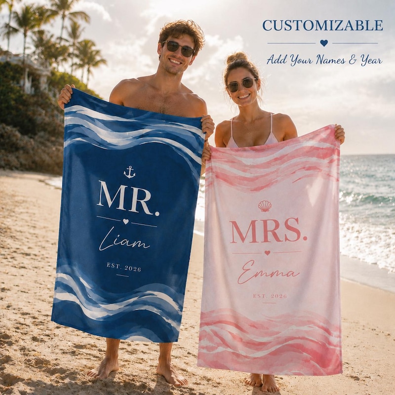 (Set Of 2pcs)Personalized Mr And Mrs Beach Towels, Custom Couple Towels Set, Wedding Gift For Newlyweds, Honeymoon Beach Towel, Bride And Groom Gift