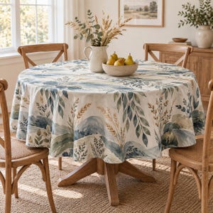 May include: A round tablecloth featuring a watercolour-style landscape print with rolling hills in shades of blue and green, interspersed with tall stalks of wheat and leafy branches in muted earth tones, draped over a circular wooden dining table.