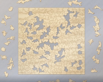 May include: A light-colored wooden jigsaw puzzle measuring 29 x 29 cm or 11.4 x 11.4 inches with 260 pieces. The puzzle features intricate, animal-shaped cutouts and includes digital files labeled DXF, AI, SVG, and JPG.