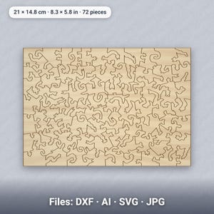 Puede incluir: Una plantilla de rompecabezas rectangular de madera con 72 piezas, que mide 21 x 14,8 cm o 8,3 x 5,8 pulgadas. La superficie de madera clara muestra contornos intrincados de piezas entrelazadas. El texto en la parte inferior enumera los formatos: DXF, AI, SVG, JPG.