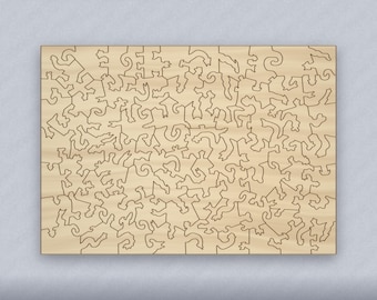 May include: A rectangular wooden jigsaw puzzle template with 72 pieces, measuring 21 x 14.8 cm or 8.3 x 5.8 inches. The light-colored wood surface displays intricate, interlocking puzzle piece outlines. Text at the bottom lists file formats: DXF, AI, SVG, JPG.