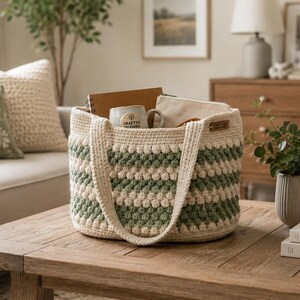 Puede incluir: Un bolso de mano redondo tejido a ganchillo con rayas horizontales alternas de hilo color crema y verde salvia. El bolso presenta un patrón texturizado de puntos de burbuja, dos asas integradas resistentes y una pequeña etiqueta rectangular marrón.