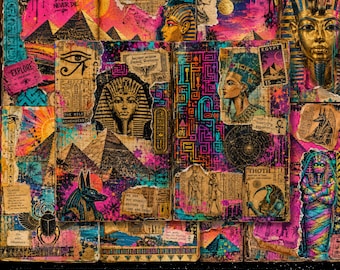 Seiten aus einem alten ägyptischen Junk-Journal, Erinnerungsstücke der Pharaonin und Königin, Neon-Graffiti-Collage (Digitaler Download)