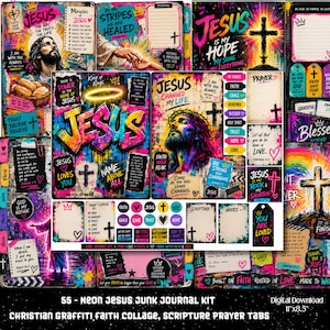 May include: A digital junk journal kit featuring vibrant neon graffiti-style artwork with religious themes. The collection includes various pages, prayer cards, and tags decorated with crosses, crowns, and inspirational text like Jesus is my hope.