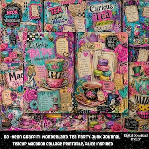 Puede incluir: Una página de diario basura digital con un collage vibrante de tazas de té, macarons e imágenes de Alicia en el país de las maravillas. El diseño incluye textos como 'It's Always Tea Time Somewhere' y motivos florales.