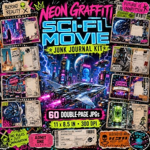 May include: A digital junk journal kit featuring neon sci-fi movie themes with 60 double-page JPGs at 11 x 8.5 inches and 300 DPI. The collection includes various futuristic scenes, space travel imagery, and retro-style ticket stubs with text.