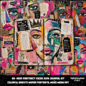 Może przedstawiać: Zestaw do art journalingu w technice mieszanej zawierający kolorowe abstrakcyjne portrety twarzy z elementami w stylu graffiti, koronami i odręcznymi notatkami. Strony zawierają żywe różowe, niebieskie i żółte akcenty z warstwowymi kolażami papierowymi.