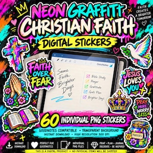 Könnte beinhalten: Eine Sammlung von 60 digitalen Stickern mit christlichen Motiven im Neon-Graffiti-Stil, darunter ein Kreuz, betende Hände, eine Taube, eine Krone und eine offene Bibel. Der Text umfasst Neon Graffiti Christian Faith, Faith Over Fear, Jesus Loves You und Pray More Worry Less.