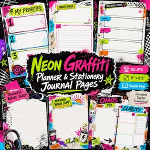 May include: A collection of digital planner and stationery journal pages featuring a neon graffiti theme. The pages include sections labeled My Priorities, Today's Focus, This Week's Focus, Thoughts Before Sleep, Morning Brain Dump, and Chaos to Clarity, decorated with vibrant pink, yellow, and blue ink splatters, stars, and skull graphics.